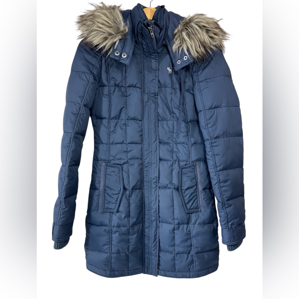 ABERCROMBIE & FITCH Down Puffer Jacket Quilted Navy Faux Fur Hood Coat | Size S